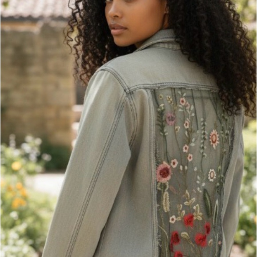 Floral lace Upcycled One of a Kind Denim Jacket size large - Picture 2 of 6